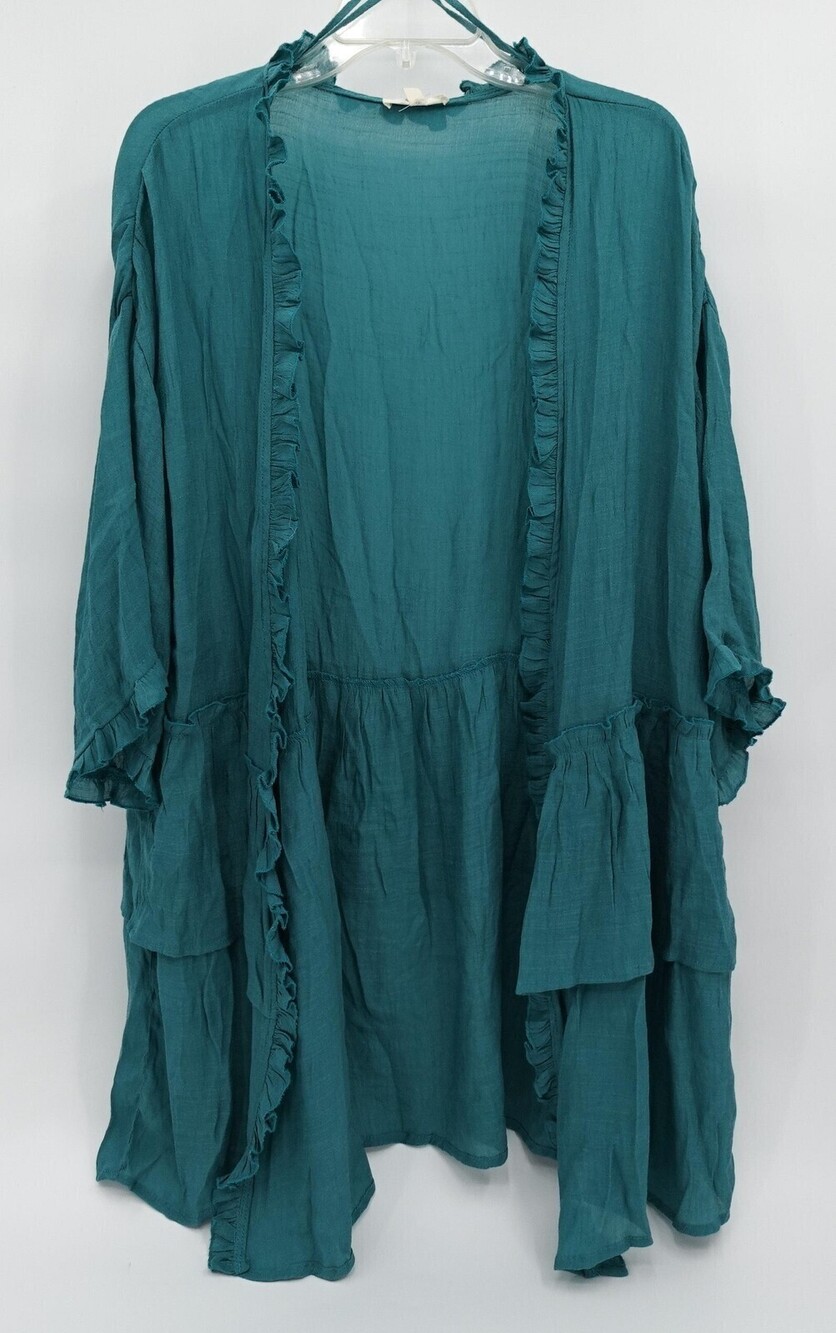 Easel Jacket Womens Large Green Ruffle Kimono Open Front Boho Lightweight